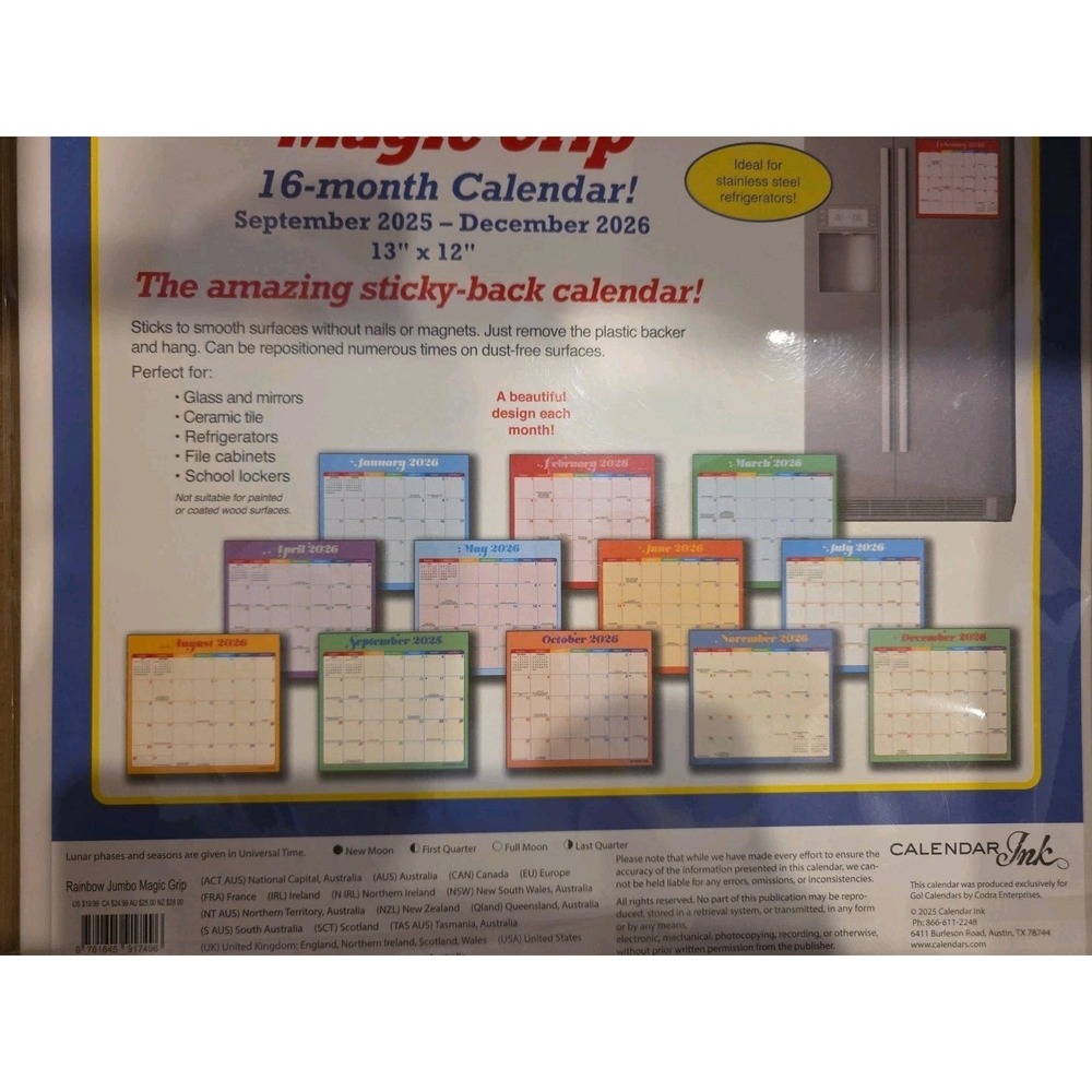 Calendar‎ Ink,  Rainbow Jumbo 2026 Magic Grip Wall Calendar Refrigerator - Picture 3 of 3